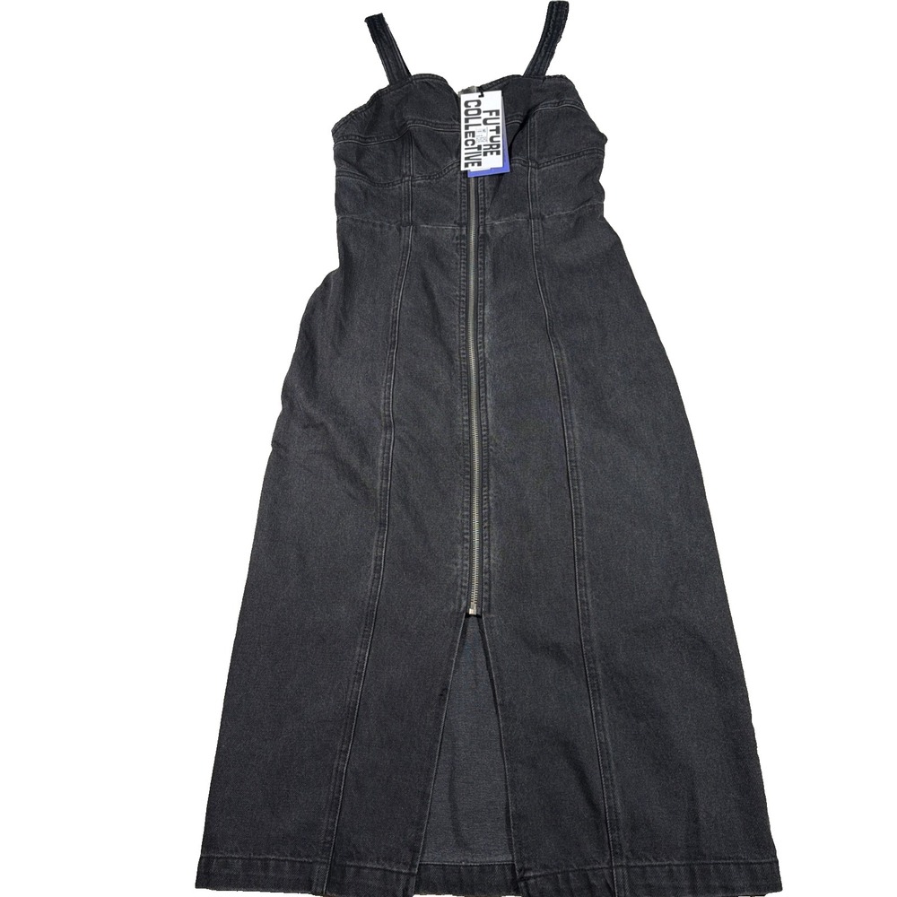 Future Collective Denim Front Zip Corset Long Dress Women 0 Black Sleeveless NEW